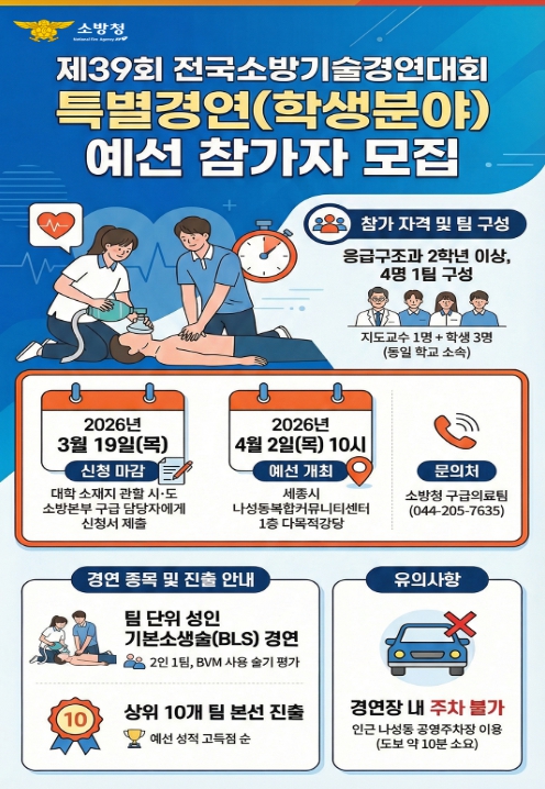 소방청, 제39회 전국소방기술경연대회 특별경연(학생분야) 참가조 모집 '미래의 구급 영웅들, 실력을 겨루다!'