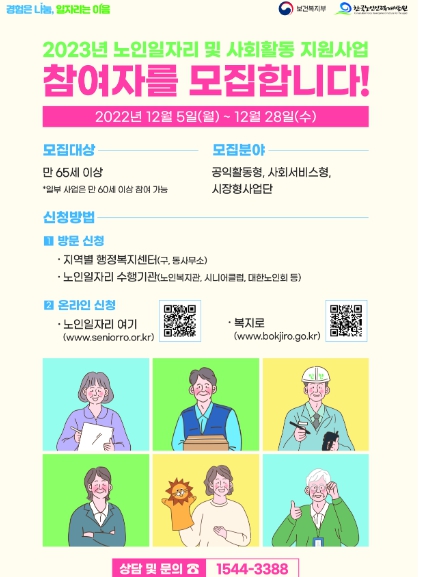 보건복지부, 2023년 노인일자리 및 사회활동 지원사업 12월 5일부터 신청하세요! 