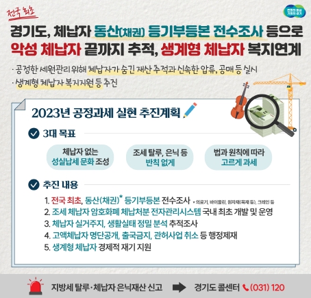 경기도 체납자 동산 등기부등본 전수조사 등 악성체납 끝까지 추적. 생계형 체납자는 복지연계