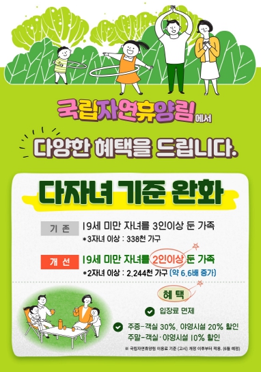 국립자연휴양림, 6월부터 2자녀 가구도 최대 30% 감면혜택!