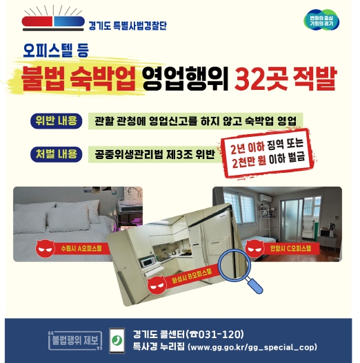 경기도 특사경, 오피스텔 등 미신고 불법 숙박업소 32곳 적발