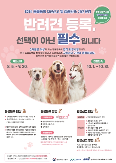 경기도, 9월까지 반려동물 등록 자진신고 기간 운영... 분실 ‧ 훼손 위험이 적은 내장칩으로 등록하세요.