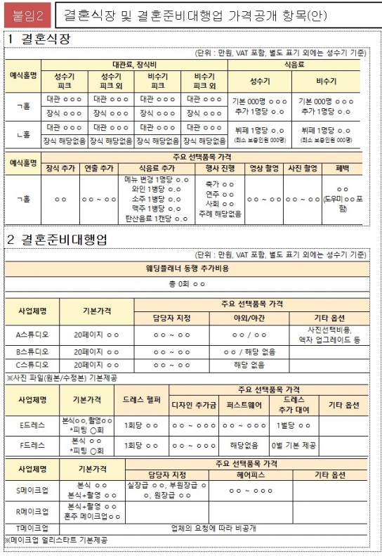 내년 1월부터 결혼식장·결혼준비대행업체 서비스 가격 공개… 표준약관 제정
